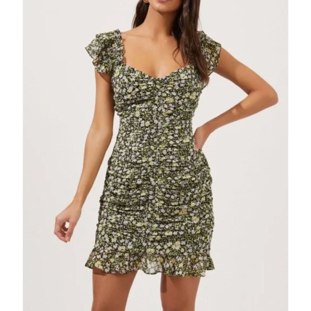 ASTR The Label Floral Ruched Fairy Mini Dress Green Lilac Size S